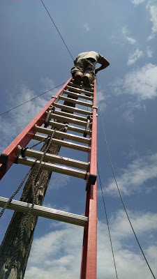 man on tall ladder reconnecting the main wire