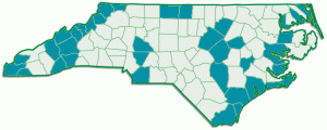 Golden-Leaf-map County map of specialty crop research and on-farm trial locations within North Carolina.