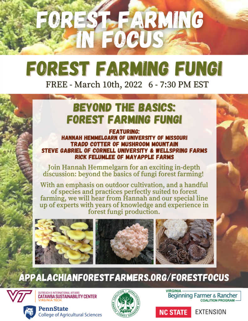 flier for forest farming fungi webinar on March 10, 2022